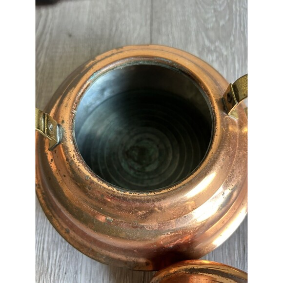 Vintage Copper Tea Pot Kettle 6" diameter Wood And Brass Handle - Picture 7 of 9